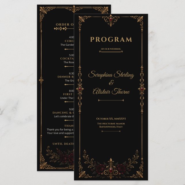 Programa Elegant Dark Gothic Wedding Program (Anverso / Reverso)