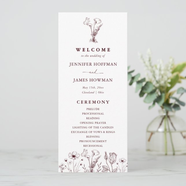 Programa Elegant Floral Burgundy Wedding  (Anverso de pie)