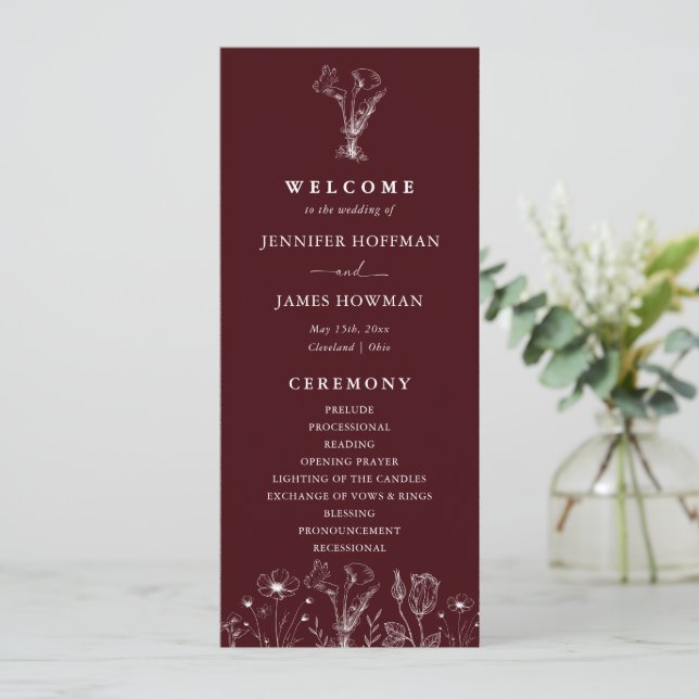 Programa Elegant Floral Burgundy Wedding  (Anverso de pie)