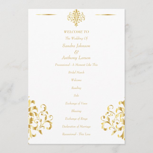 Programa Elegant Gold and White Damask Wedding (Anverso)