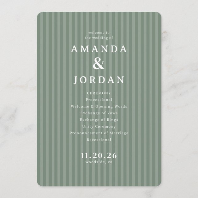 Programa Elegant Green Striped Wedding Ceremony (Anverso)