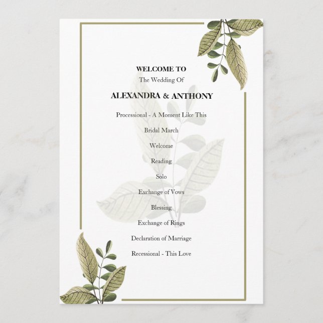 Programa Elegant Minimalist Greenery Wedding Program (Anverso)