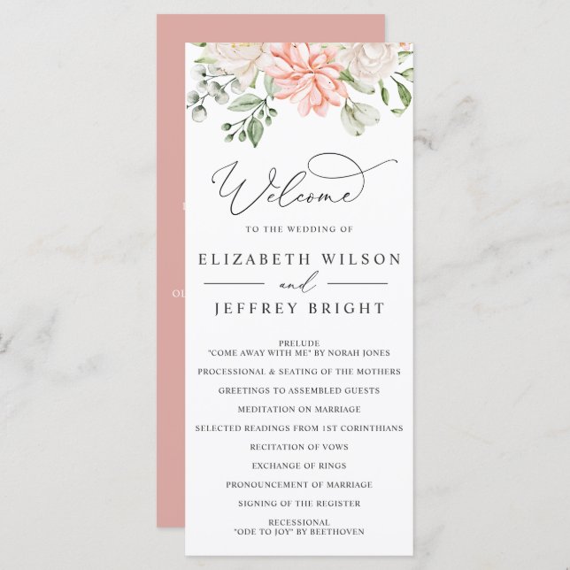 Programa Elegant Modern Botanical Blush Pink Floral Wedding (Anverso / Reverso)