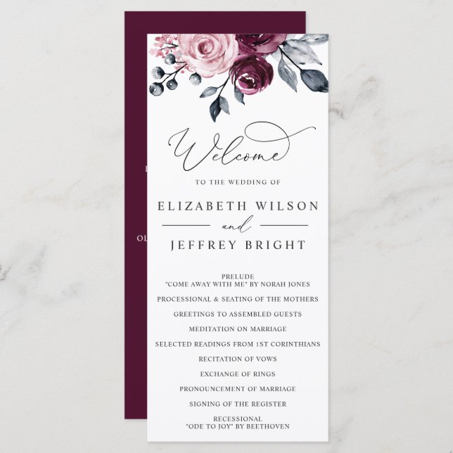 Programa Elegant Modern Botanical Burgundy Floral Wedding (Anverso / Reverso)