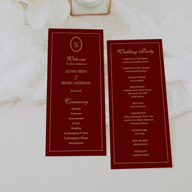 Programa Elegant Monogram Script Wine Red Wedding Ceremony (Subido por el creador)