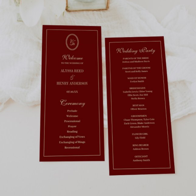 Programa Elegant Monogram Script Wine Red Wedding Ceremony (Subido por el creador)
