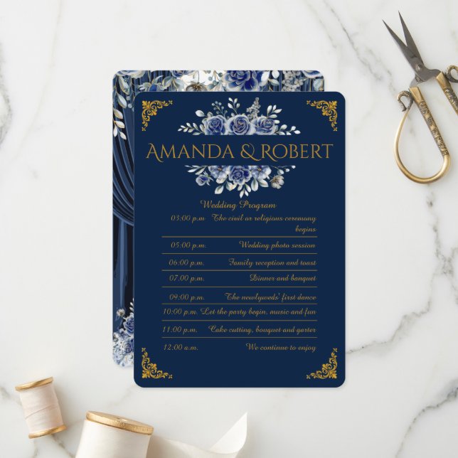 Programa Elegant Navy and Gold Floral Wedding Program Card (Anverso/Reverso In Situ)