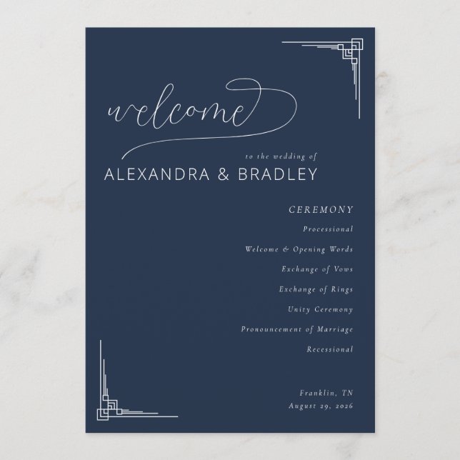 Programa Elegant Navy Geometric Wedding Ceremony Schedule (Anverso)