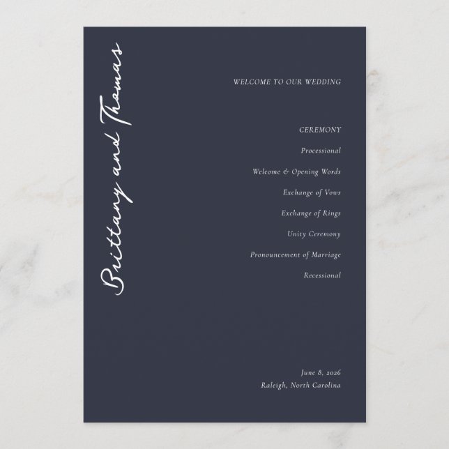 Programa Elegant Navy Wedding Ceremony Program (Anverso)