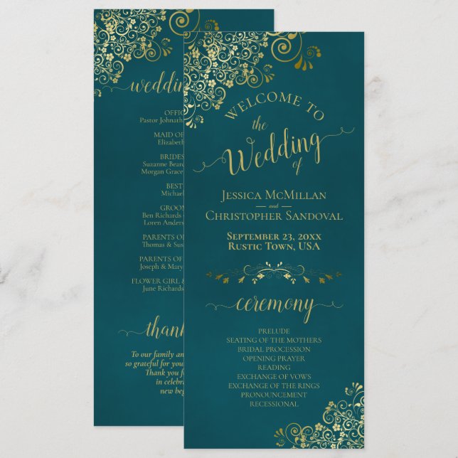 Programa Elegant Ornate Golden Curls on Dark Teal Wedding (Anverso / Reverso)