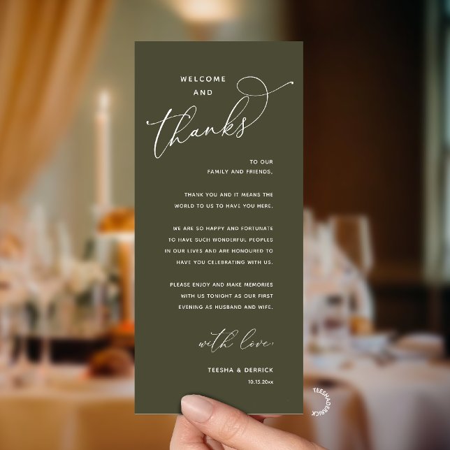 Programa Elegant Reception "Welcome and Thanks" Guest Card (Modern Elegant Wedding Reception "Welcome and Thanks" Table Card for Guest in Olive Green)