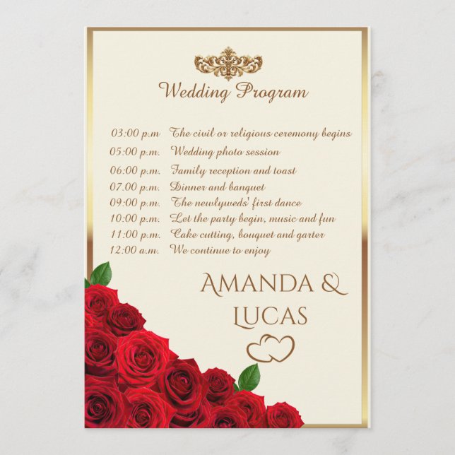 Programa Elegant Red Roses and Gold Frame Cream Wedding (Anverso)