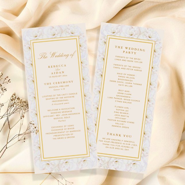 Programa Elegant White Floral Ivory Gold Wedding Program (Subido por el creador)