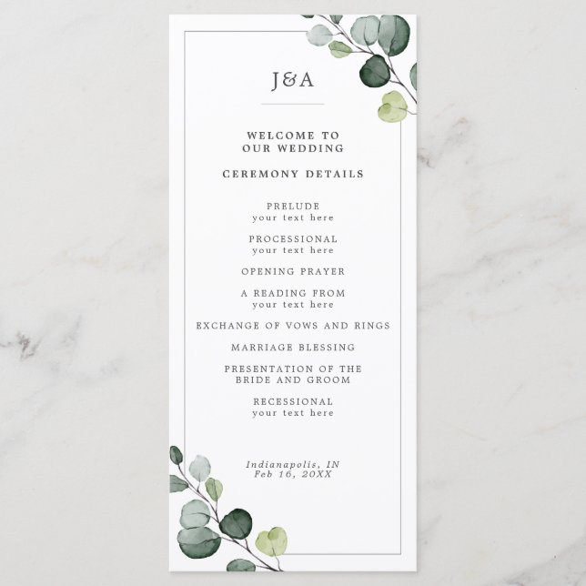 Programa Elegante acuarela Eucalyptus Greenery Boda (Anverso)