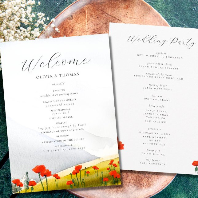 Programa Elegante acuarela Montaña Poppies Boda Floral (Subido por el creador)