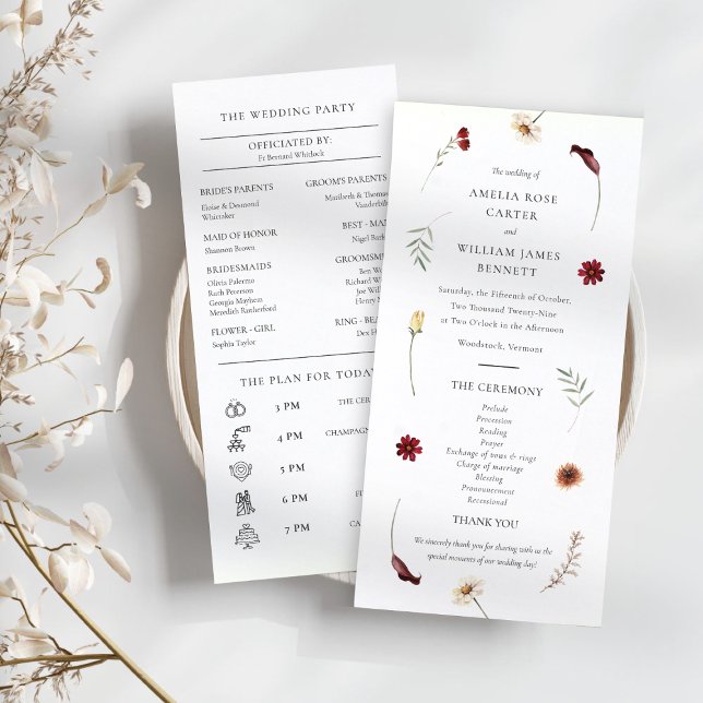 Programa Elegante acuarela otoño Boda de flores silvestres (Elegant Watercolor Fall Autumn Wildflower Wedding Program)