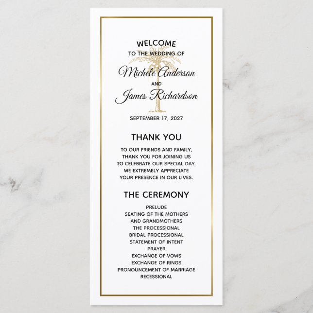 Programa Elegante árbol de palma de oro boda tropical (Anverso)