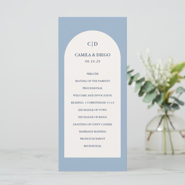 Programa Elegante Arco Azul Polvoriento Boda Moderna (Anverso de pie)