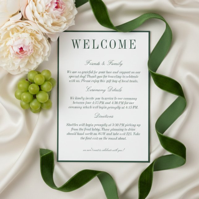 Programa Elegante Bienvenida de Boda Minimalista Verde Oscu (Elegant Dark Green Minimalist Wedding Welcome Program)