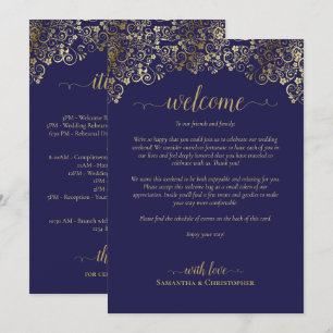 Programa Elegante bienvenida e itinerario de boda en azul m