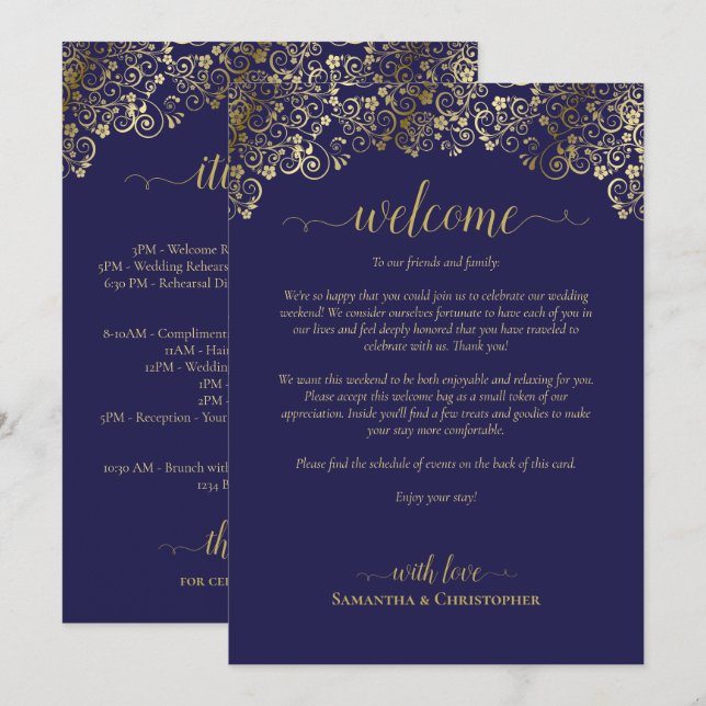Programa Elegante bienvenida e itinerario de boda en azul m (Anverso / Reverso)