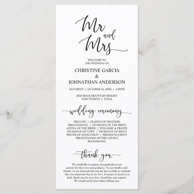 Programa Elegante Black Script, Sr. y Sra., Boda Ceremony (Anverso)