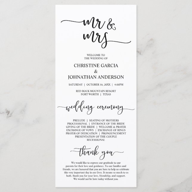 Programa Elegante Black Script, Sr. y Sra., Boda Ceremony (Anverso)
