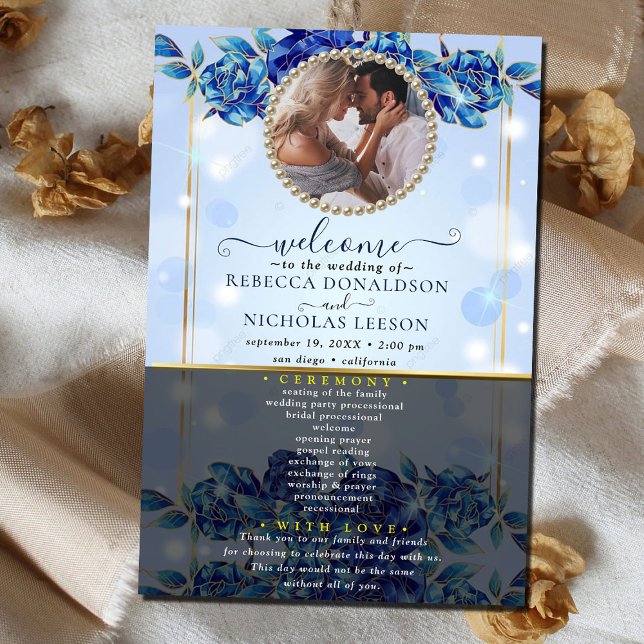 Programa Elegante Blue Sparky Floral Photo Wedding (Subido por el creador)