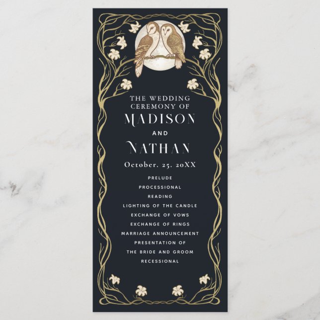 Programa Elegante Boda Art Nouveau Owls (Anverso)