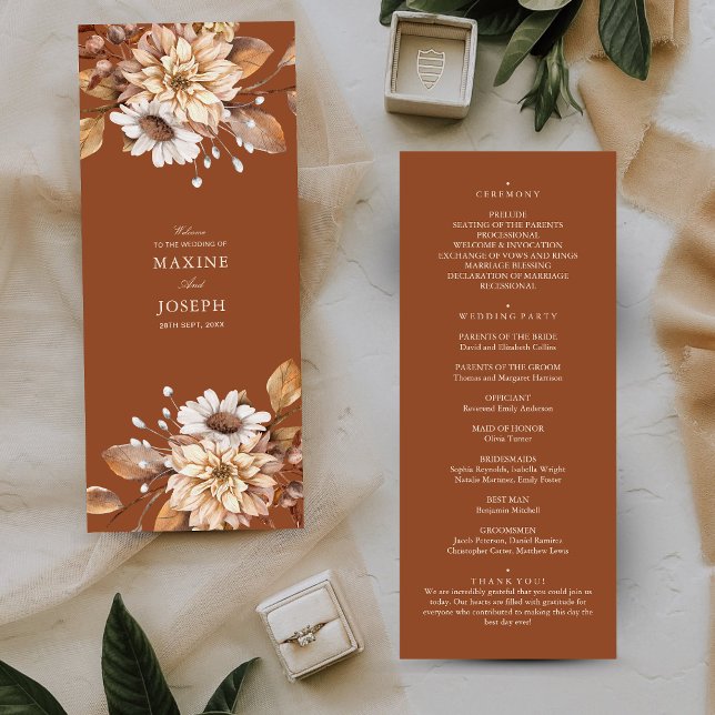 Programa Elegante Boda Bohemia Floral de Terracota Moderna  (Terracotta floral wedding programs guide guests with elegance on your special day.)