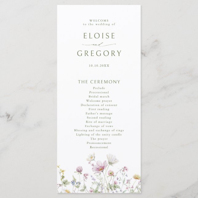Programa Elegante Boda Botánico de Flor Silvestre Soft Past (Anverso)