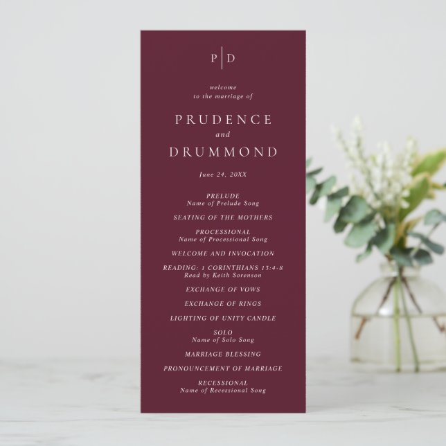 Programa Elegante Boda Clásica de Borgoña Profundo (Anverso de pie)