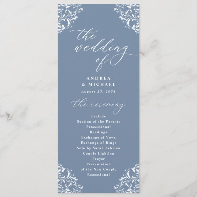 Programa Elegante Boda Clásica Vintage Azul Polvoriento (Anverso)