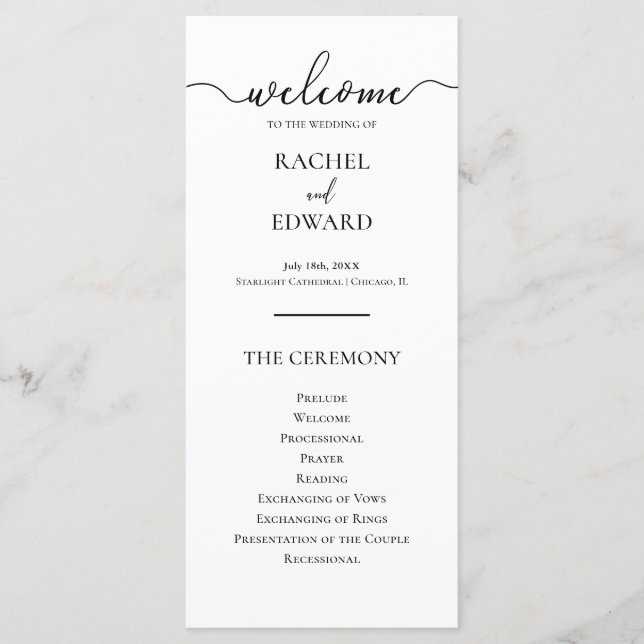 Programa Elegante Boda con Letra Script en Blanco y Negro (Anverso)
