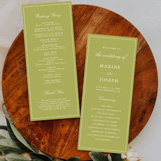 Programa Elegante Boda con Letra Script Verde Oliva (Elegant olive green wedding programs keep guests engaged with a polished, timeless touch.)