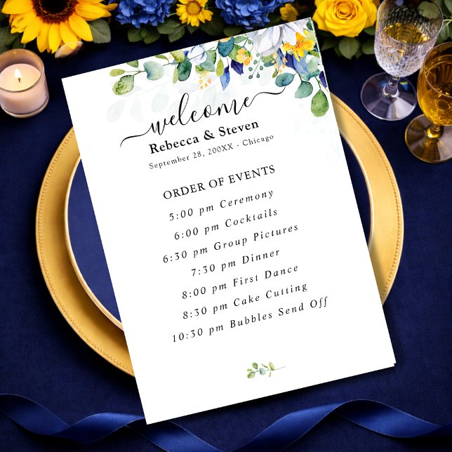 Programa Elegante boda de acuarela floral amarilla y azul (Subido por el creador)