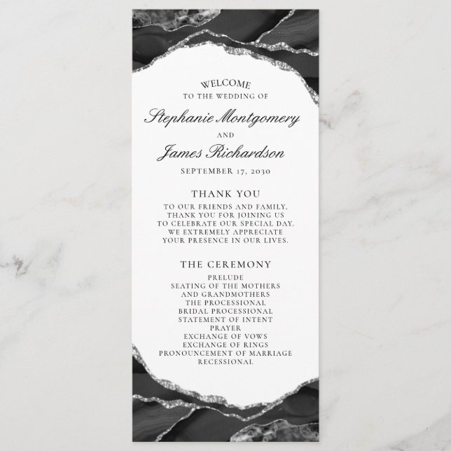 Programa Elegante Boda de Agata de Plata con Negro y Blanco (Anverso)