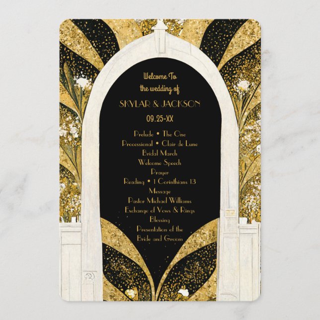 Programa Elegante Boda de Arcos de Arte Deco Negro y Oro (Anverso)