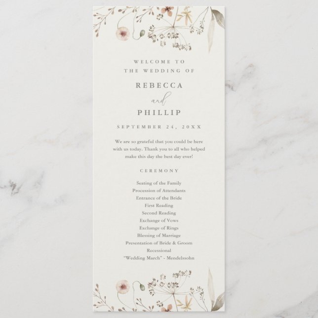 Programa Elegante Boda de Boho Flores Silvestres (Anverso)