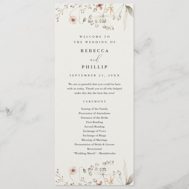 Programa Elegante Boda de Boho Flores Silvestres (Anverso)