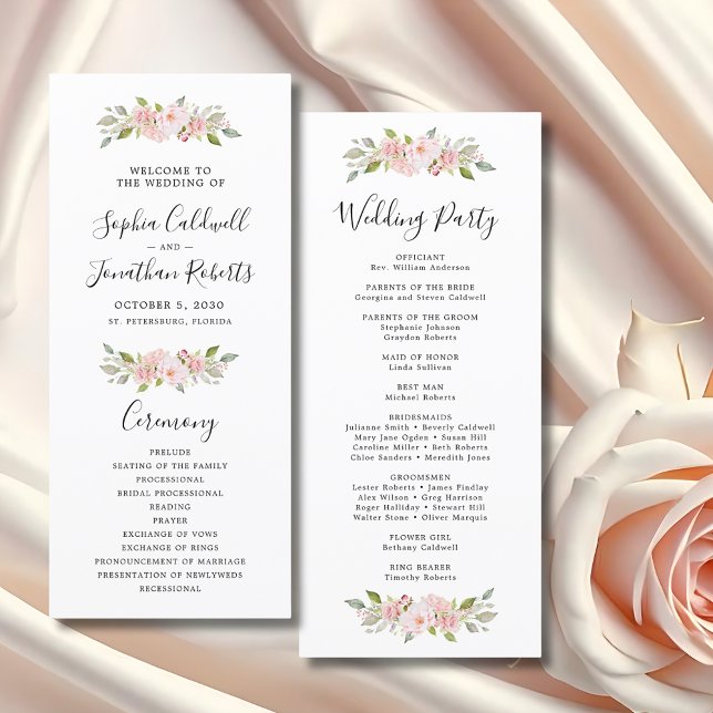 Programa Elegante Boda de caligrafía de rosas rosadas (Elegant Pink Roses Custom Wedding Program)