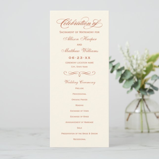 Programa Elegante Boda de Caligrafía de Terracota Marfil (Anverso de pie)