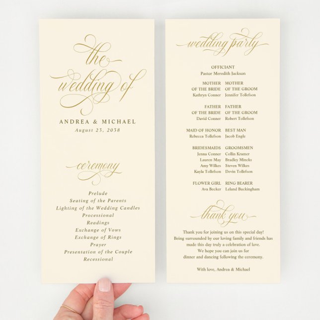 Programa Elegante Boda de Caligrafía en Oro y Crema (Elegant Cream and Gold Calligraphy Wedding Programs - Fancy, Ornate and Glam Script)