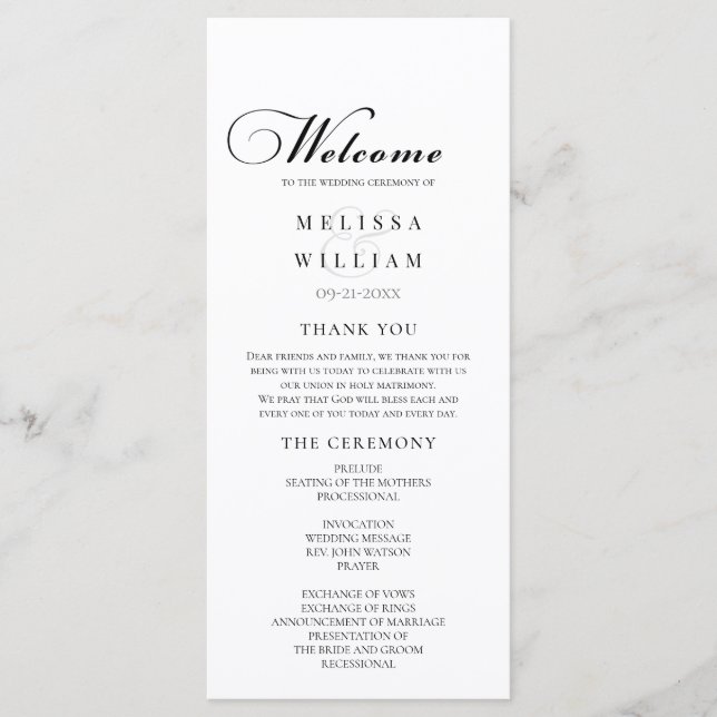 Programa Elegante Boda de escritura en blanco y negro (Anverso)