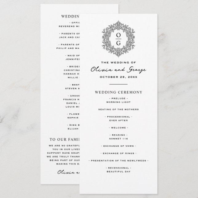 Programa Elegante Boda de Herencia en Blanco y Negro (Anverso / Reverso)