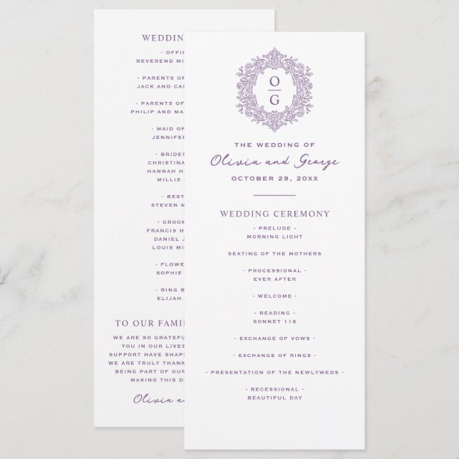 Programa Elegante Boda de Herencia Púrpura (Anverso / Reverso)