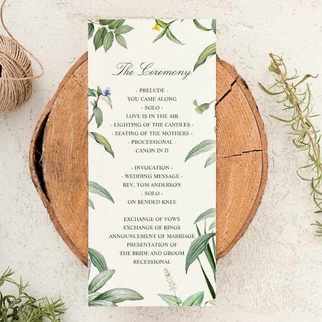Programa Elegante Boda de hojas botánicas verdes y blancas (Menu Mock-up)