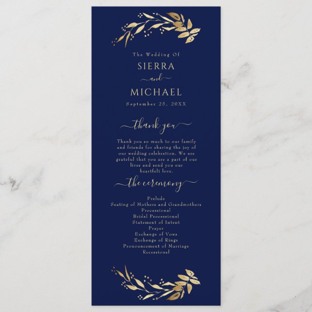 Programa Elegante Boda de la Marina de Moda Azul de Oro (Anverso)