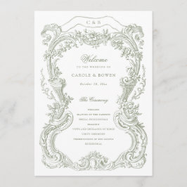 Programa Elegante Boda de marco de tela verde floral vintag