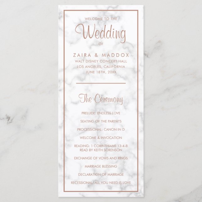 Programa Elegante Boda de Mármol de Oro Rosa Moderno (Anverso)